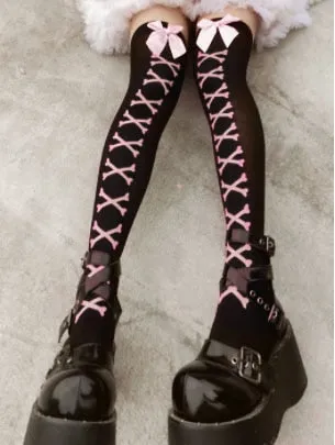 New Hot Girl Bone Bow Socks Streetwear Girls Black Sweet Cute Pink Y2K Harajuku Lolita Fishnet Stockings Thigh High Stockings