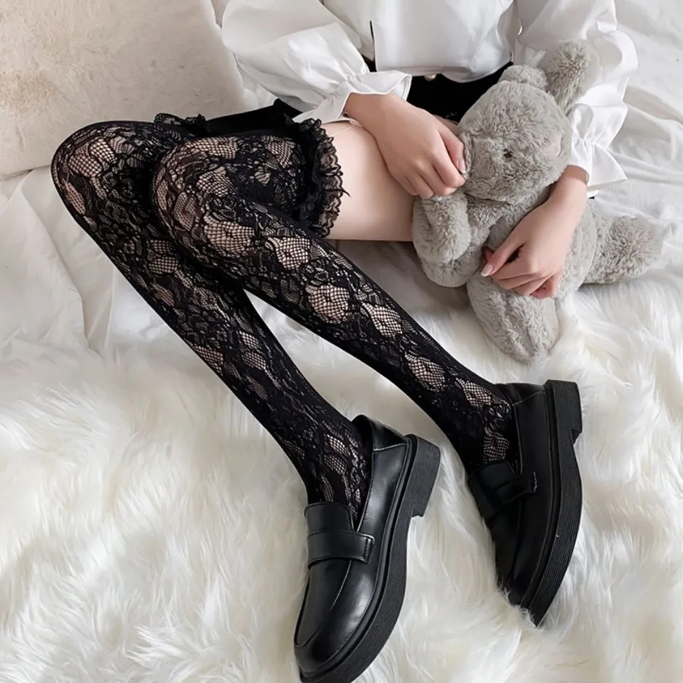 New Hot Girl Bone Bow Socks Streetwear Girls Black Sweet Cute Pink Y2K Harajuku Lolita Fishnet Stockings Thigh High Stockings